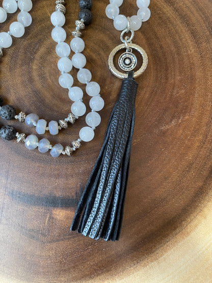 White Jade Beaded Tassel Necklace