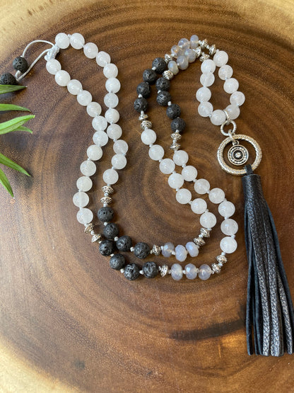 White Jade Beaded Tassel Necklace