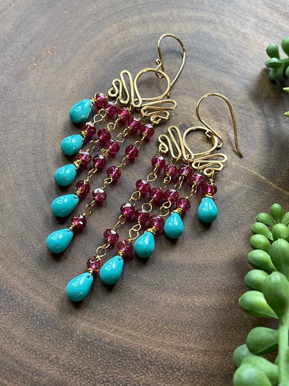 Czech Winged Style Earrings - Turquoise/Plum - Gold