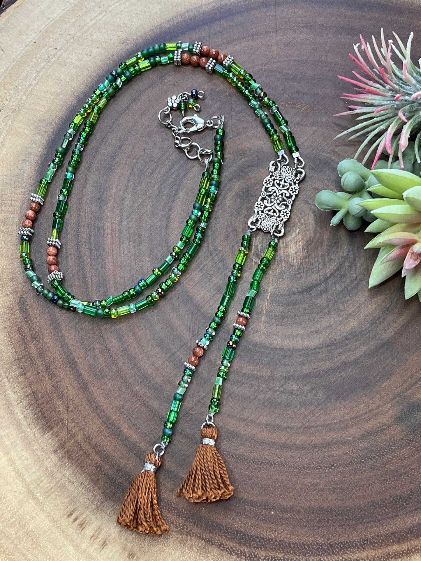 Czech Green Double Tassel Necklace