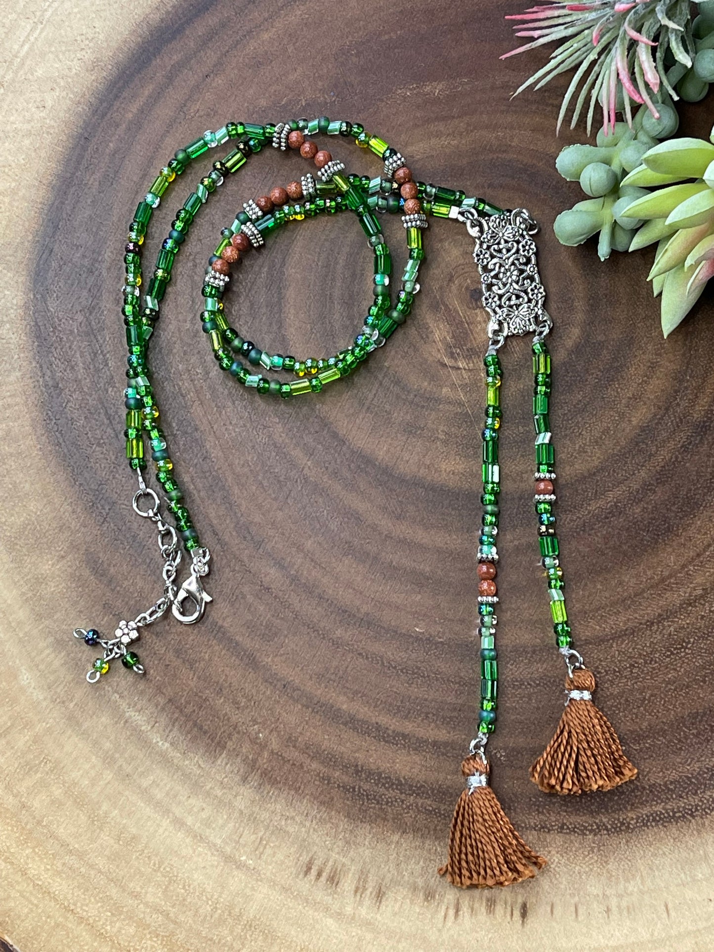 Czech Green Double Tassel Necklace