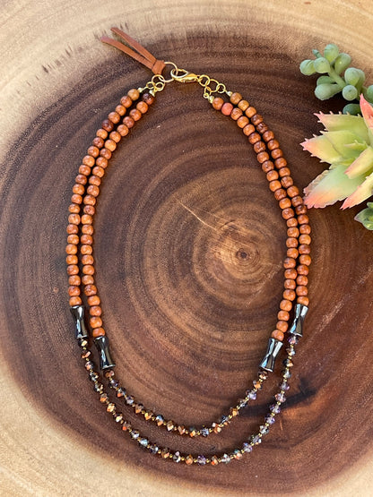 Crystal / Wood Double Strand Necklace