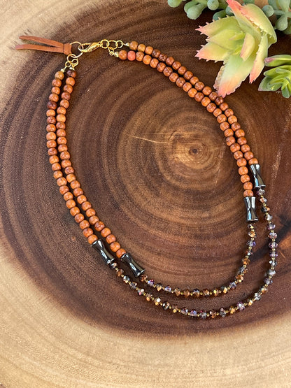 Crystal / Wood Double Strand Necklace