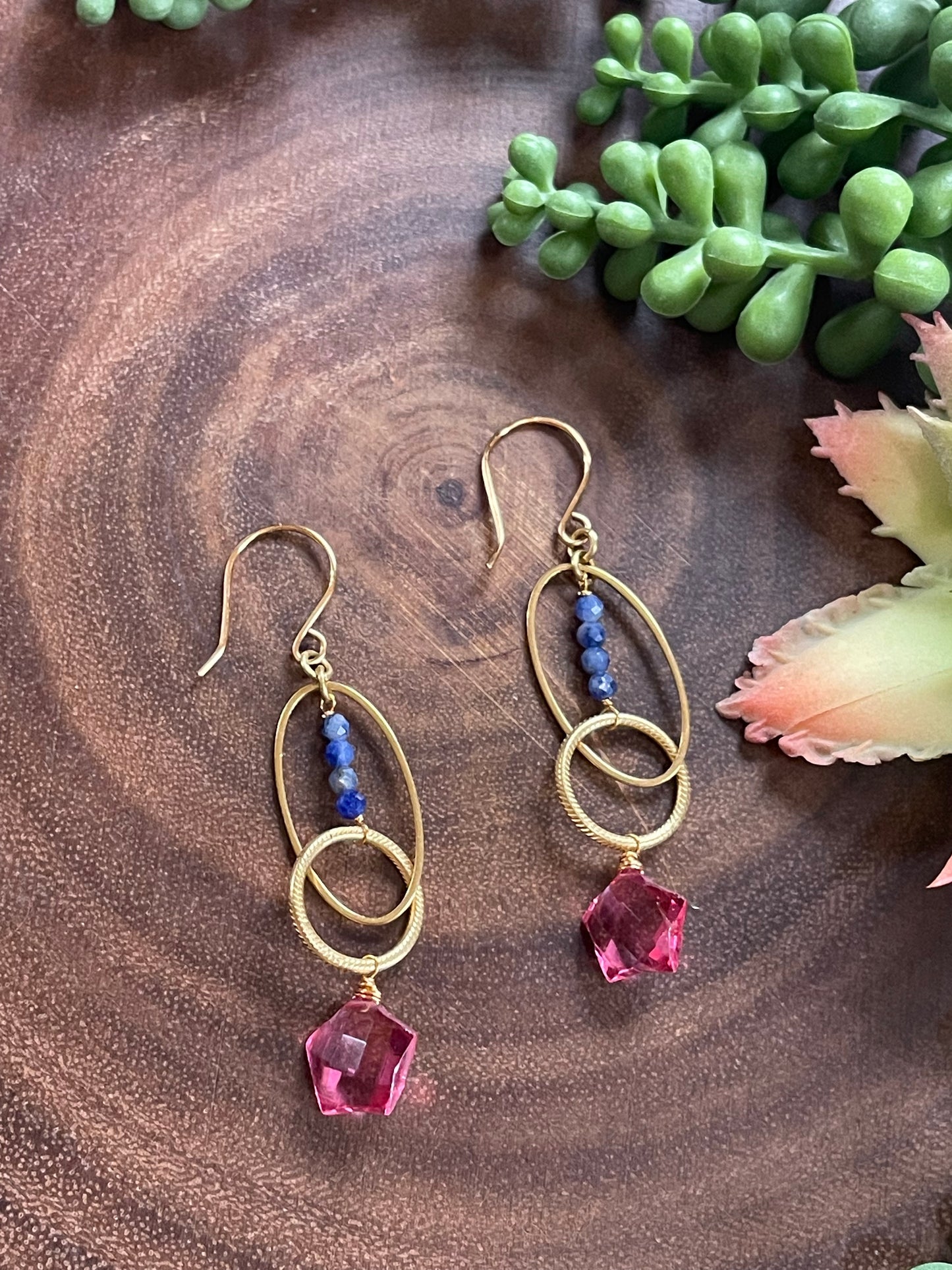 Pink Quartz Stars/ Sodalite Hoop Earrings