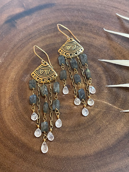 Labradorite/Rainbow Moonstone Fringe Earrings