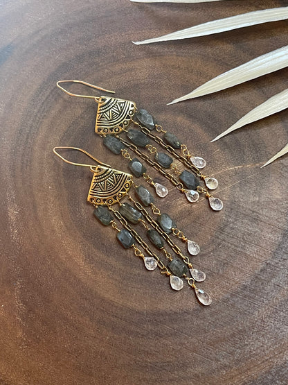 Labradorite/Rainbow Moonstone Fringe Earrings