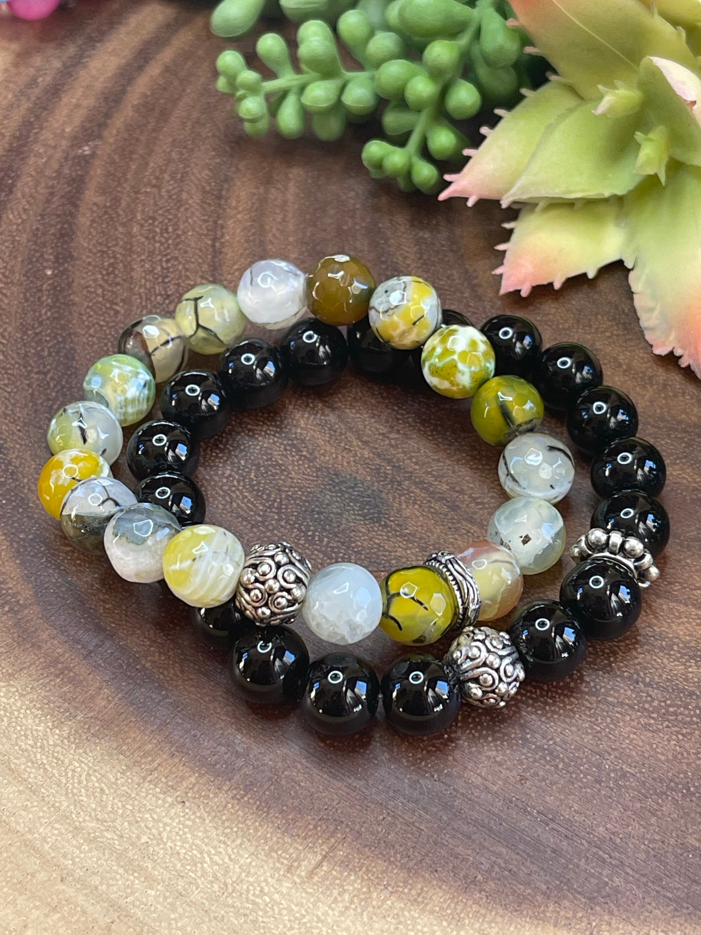 Black Jasper/Yellow Agate Bracelet Set