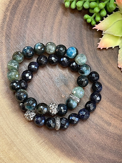 Blue Green Moss Agate Bracelet Set