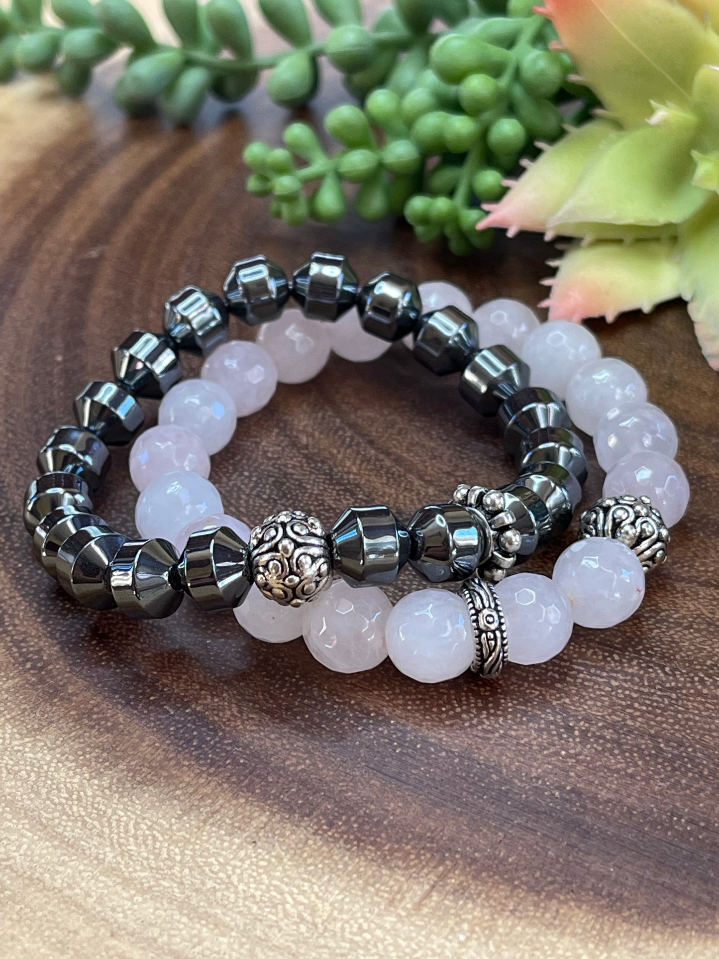 Rose Quartz/Gunmetal Pyrite Bracelet Set