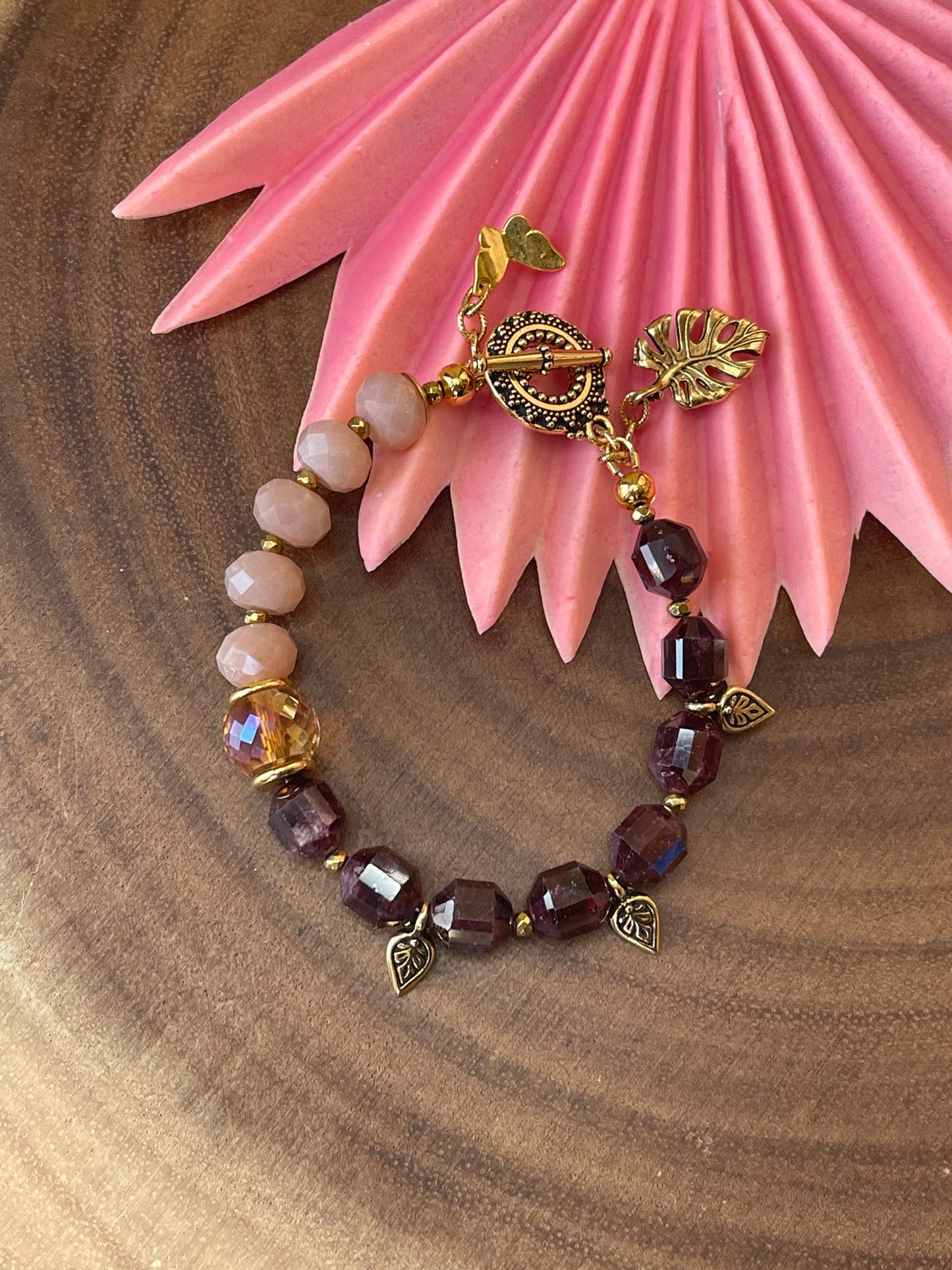 Garnet / Peach Moonstone Charm Bracelet