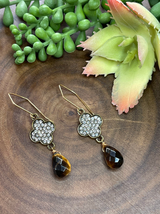 Tiger Eye Clover Dangle Earrings