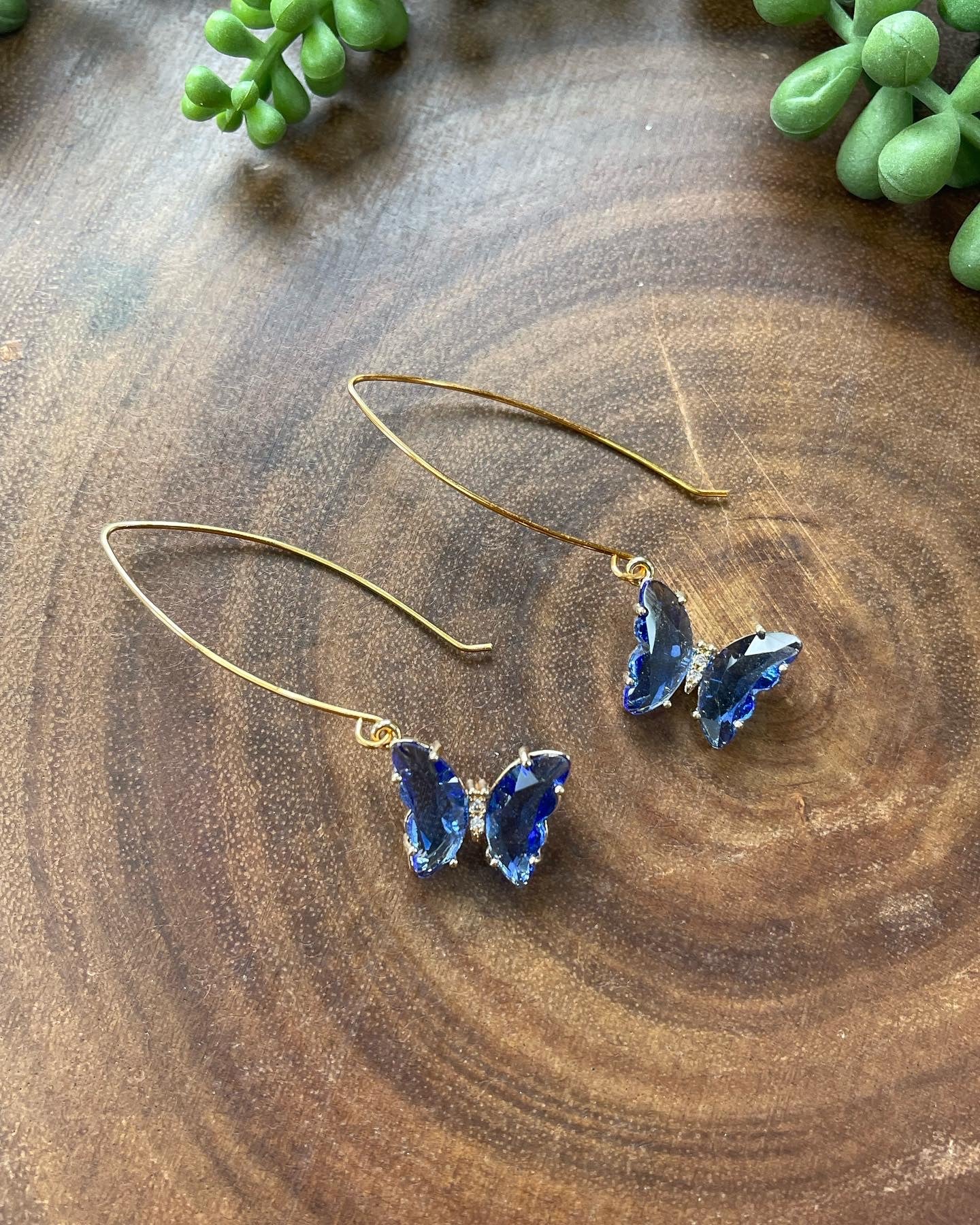 Blue Crystal Butterfly Threader Earrings