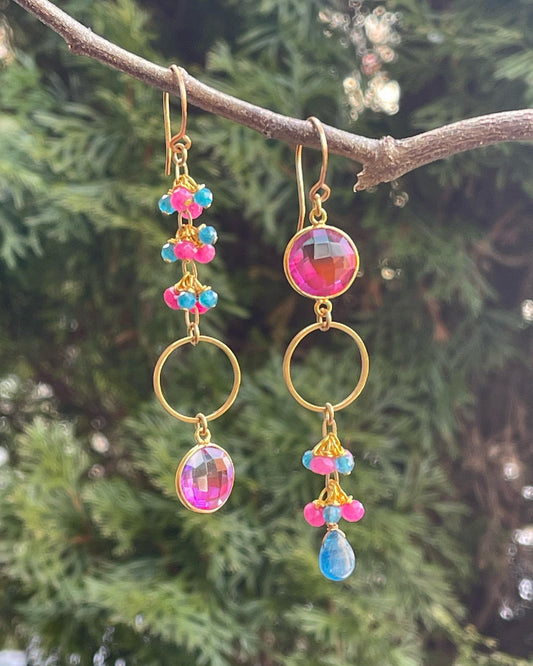 Pink Aura Quartz / Apatite Asymmetrical Earrings