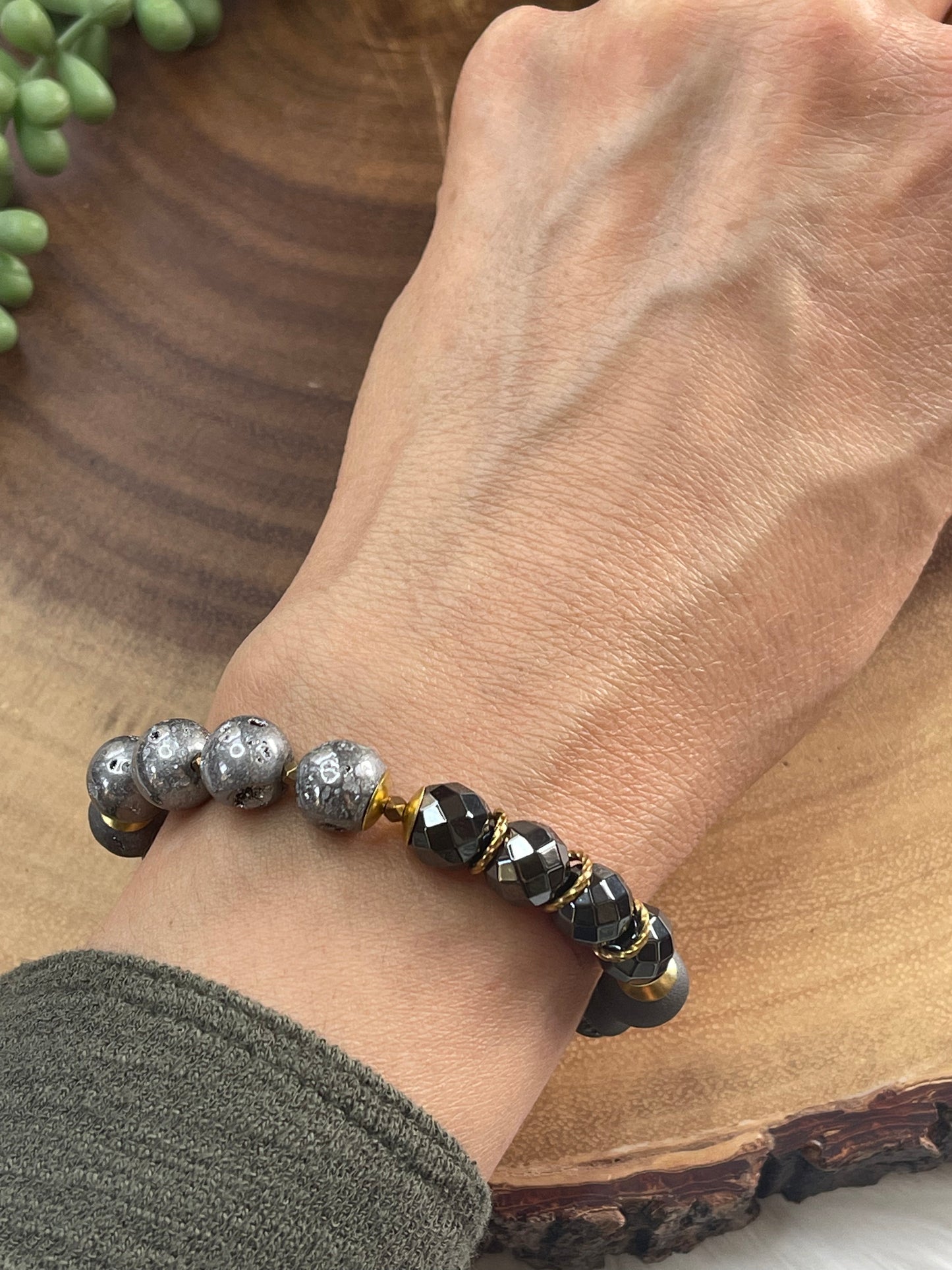 Gray Druzy Crescent Beaded Bracelet