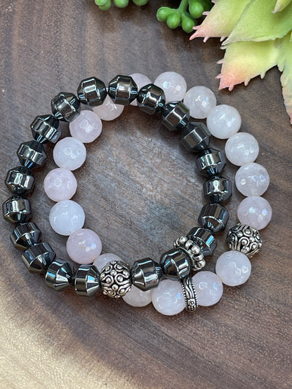 Rose Quartz/Gunmetal Pyrite Bracelet Set