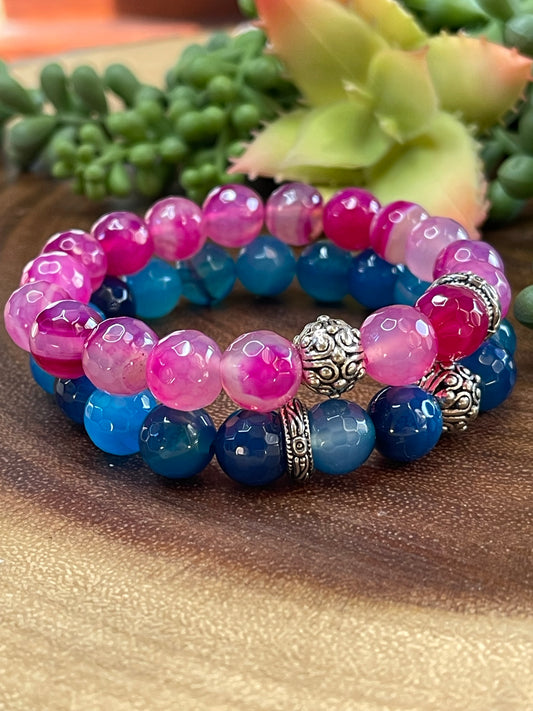 Magenta Pink and Blue Agate Bracelet Set