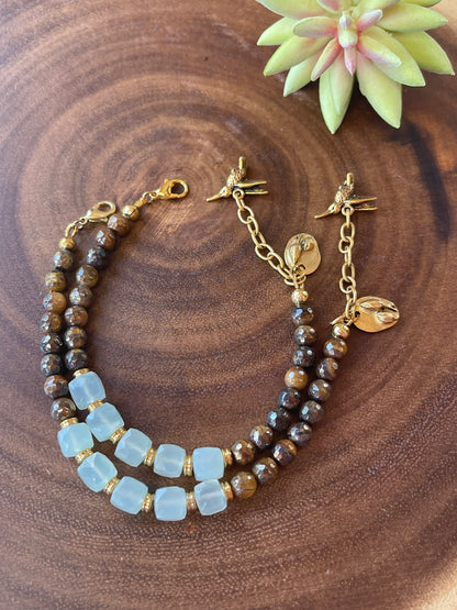 Aqua Chalcedony and Tiger Eye Bracelet