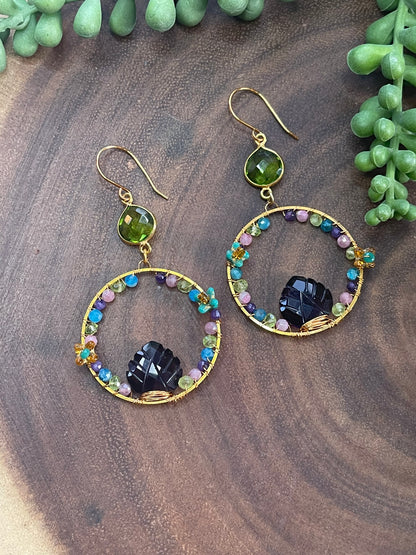 Amethyst Leaf / Peridot Hoop Earrings