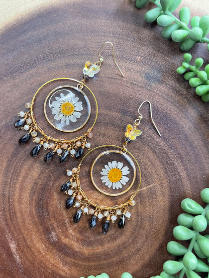 Floral Resin / Smoky Quartz Earrings