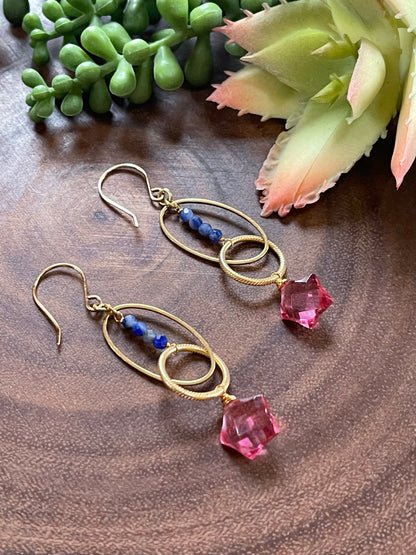 Pink Quartz Stars/ Sodalite Hoop Earrings