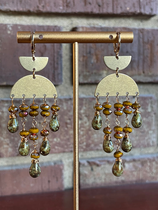 Mustard Yellow/Green Czech Beaded Earrings