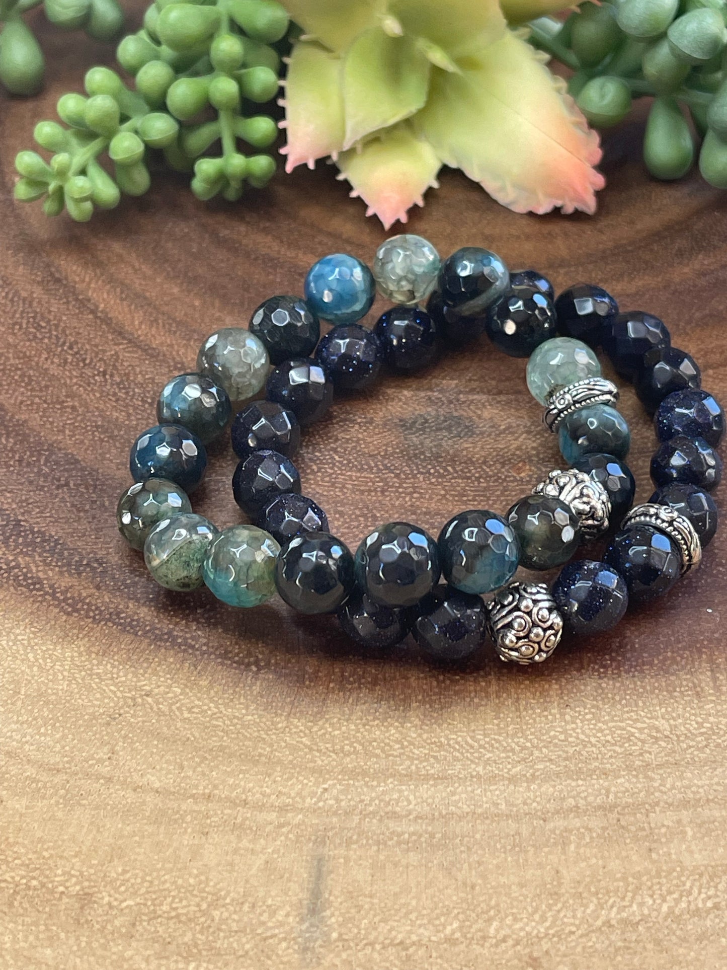 Blue Green Moss Agate Bracelet Set