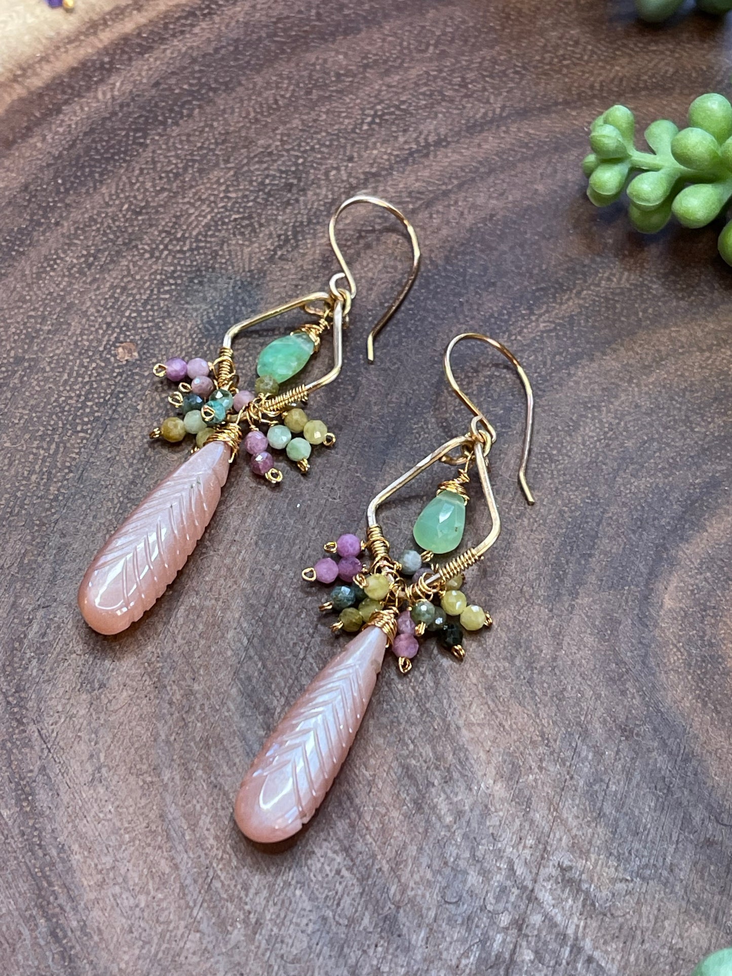 Peach Moonstone / Tourmaline Earrings