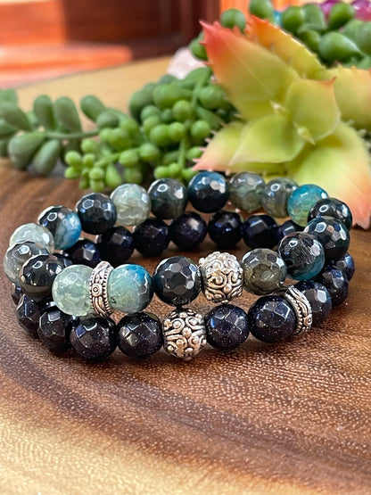 Blue Green Moss Agate Bracelet Set