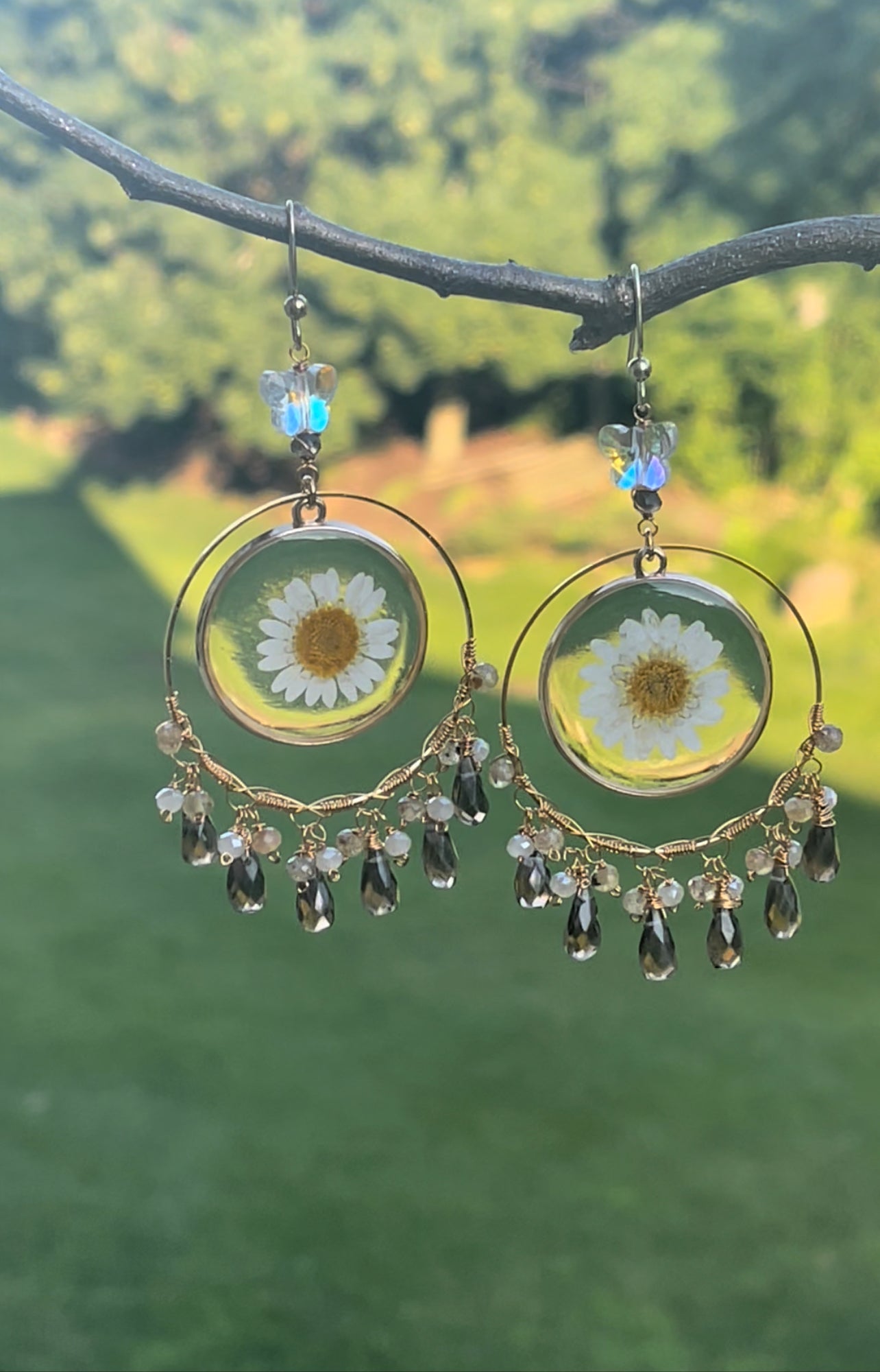 Floral Resin / Smoky Quartz Earrings