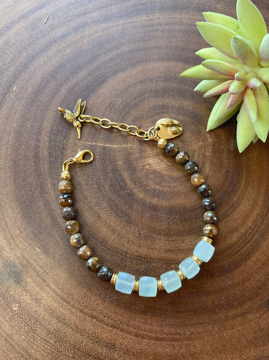 Aqua Chalcedony and Tiger Eye Bracelet