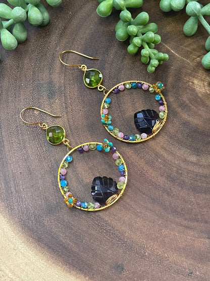 Amethyst Leaf / Peridot Hoop Earrings