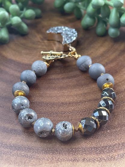 Gray Druzy Crescent Beaded Bracelet