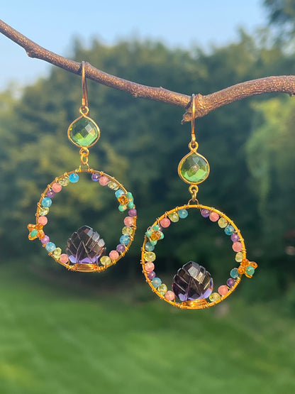 Amethyst Leaf / Peridot Hoop Earrings