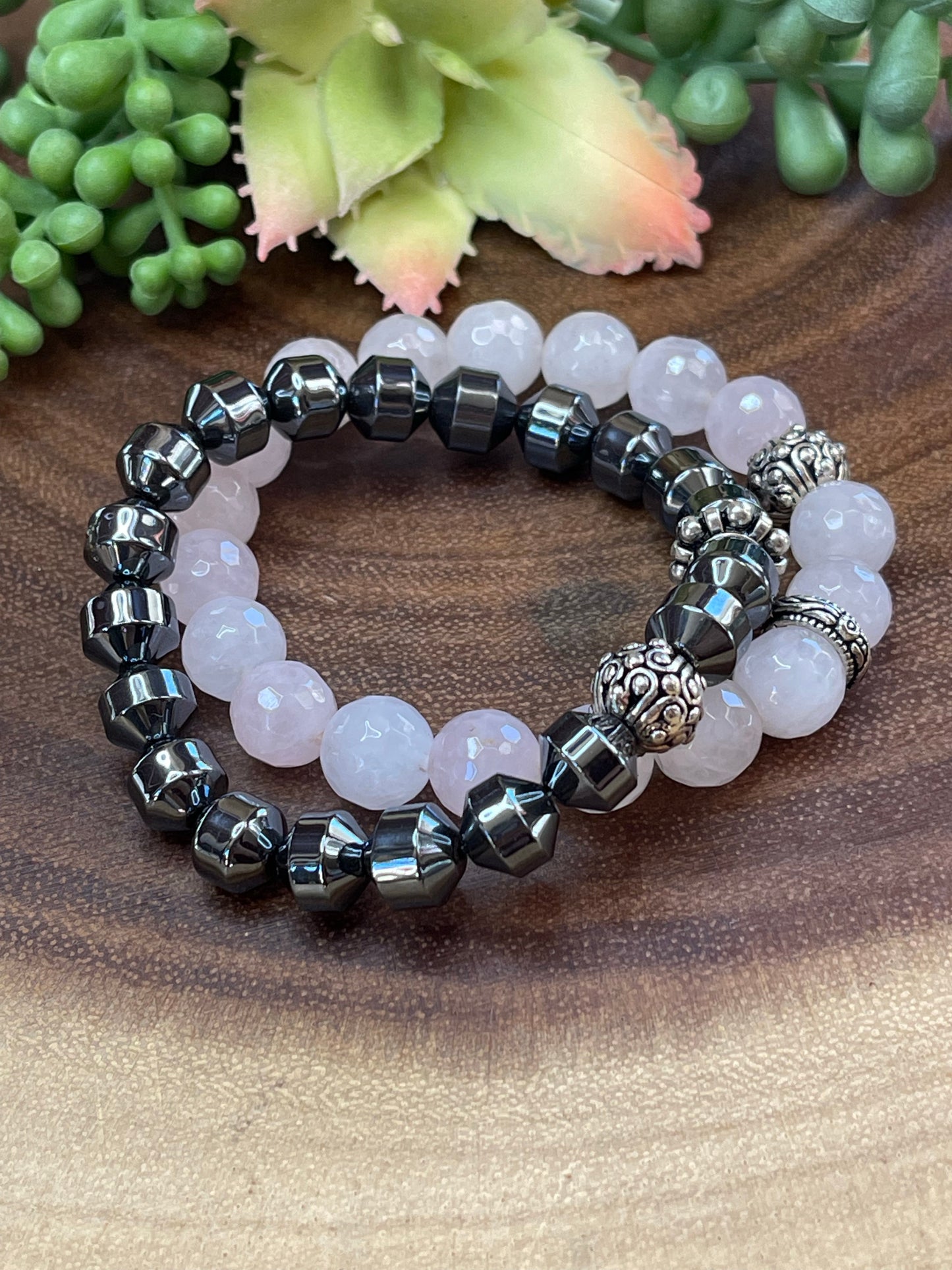 Rose Quartz/Gunmetal Pyrite Bracelet Set