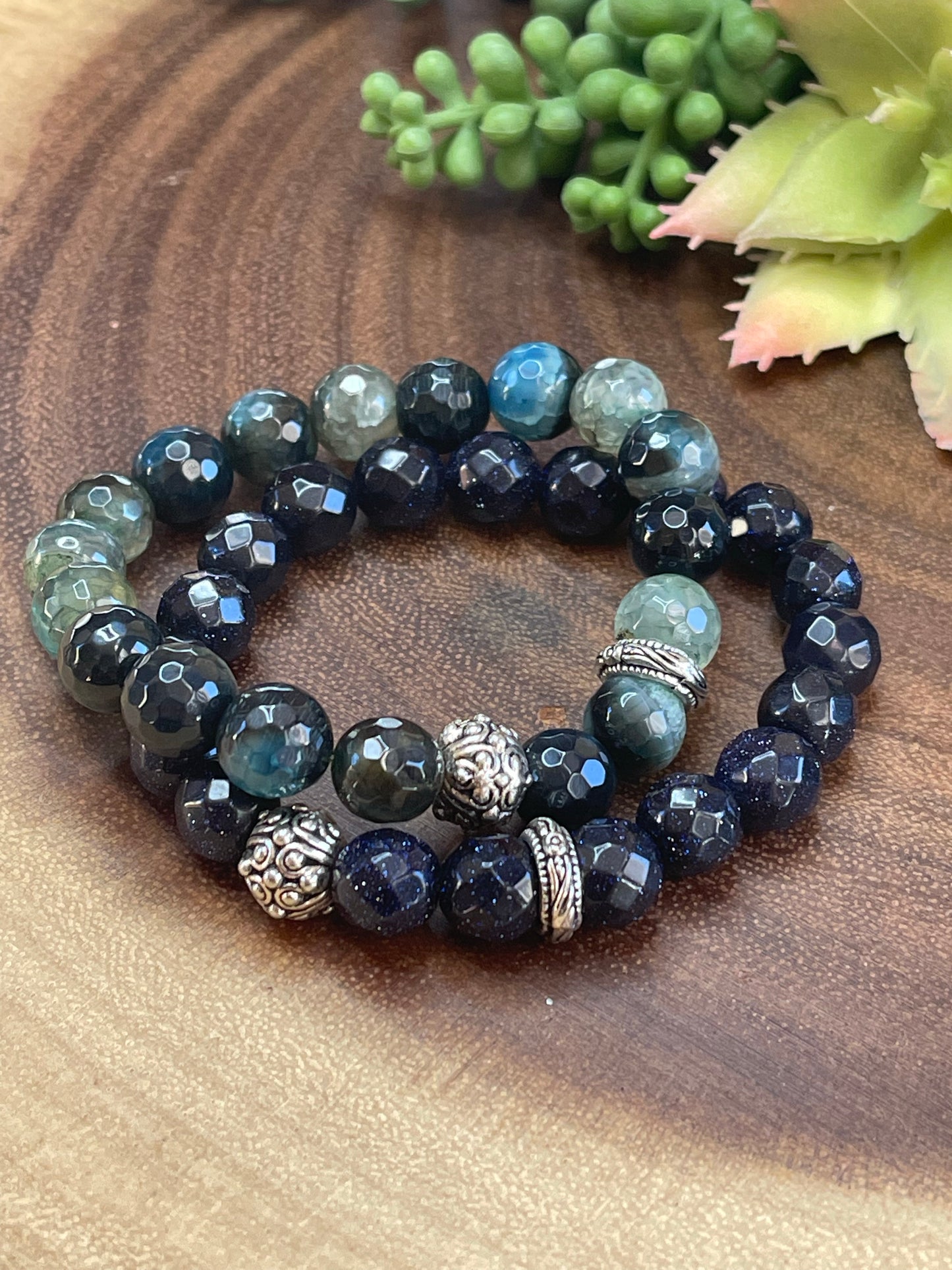 Blue Green Moss Agate Bracelet Set