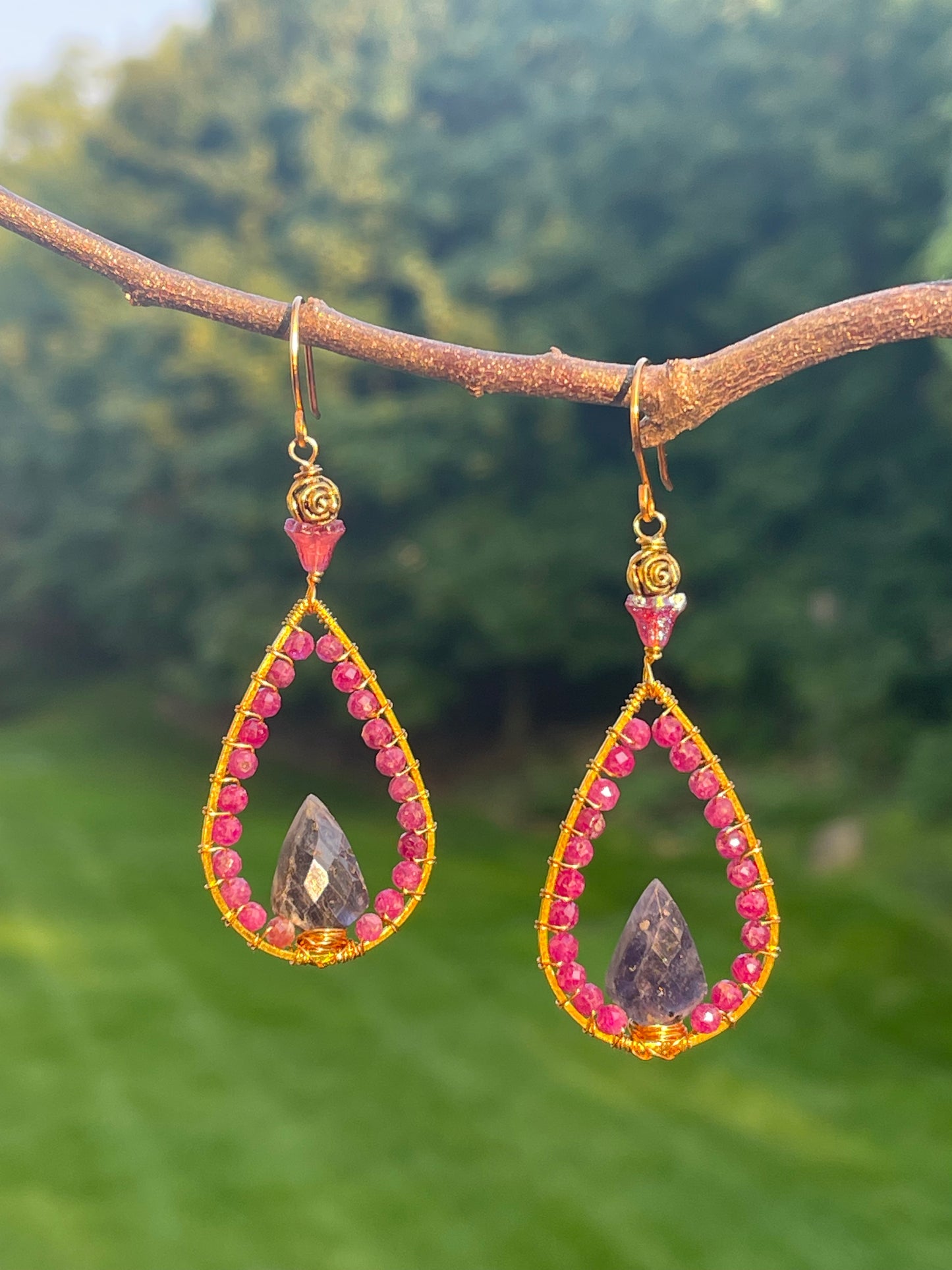 Ruby and Iolite Drop Earrings