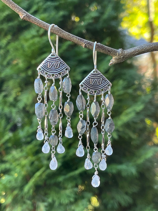 Labradorite / Moonstone Fringe Earrings/ Silver