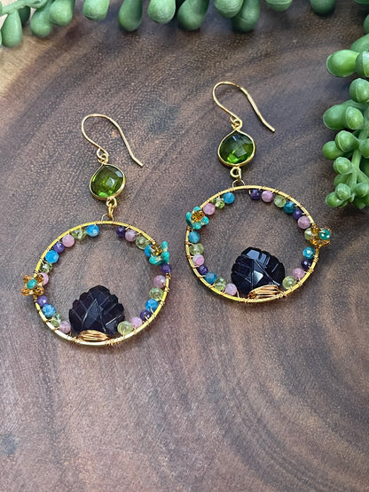 Amethyst Leaf / Peridot Hoop Earrings