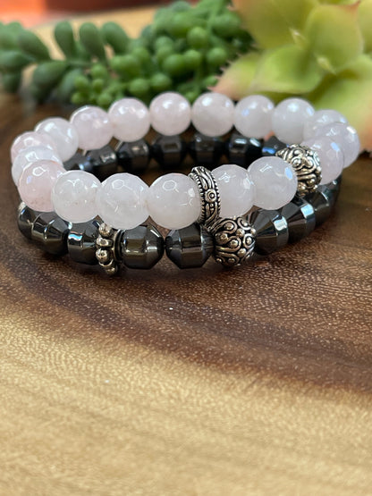 Rose Quartz/Gunmetal Pyrite Bracelet Set