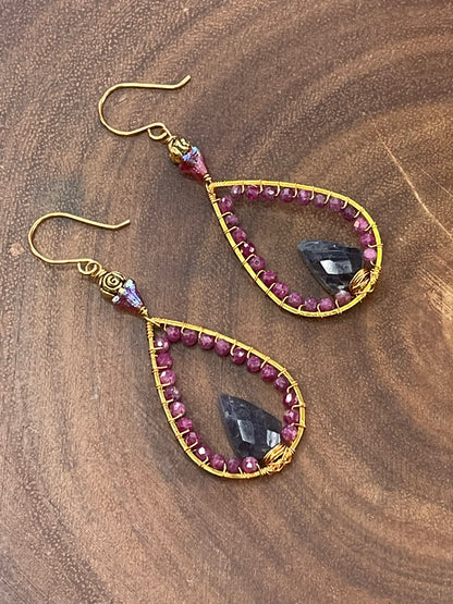 Ruby and Iolite Drop Earrings