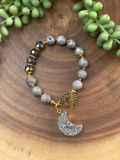 Gray Druzy Crescent Beaded Bracelet