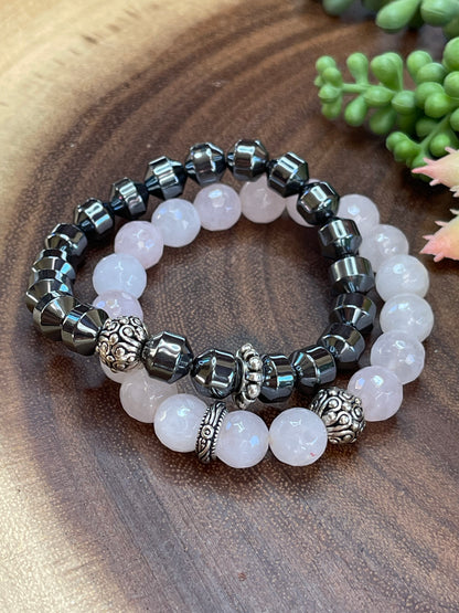 Rose Quartz/Gunmetal Pyrite Bracelet Set