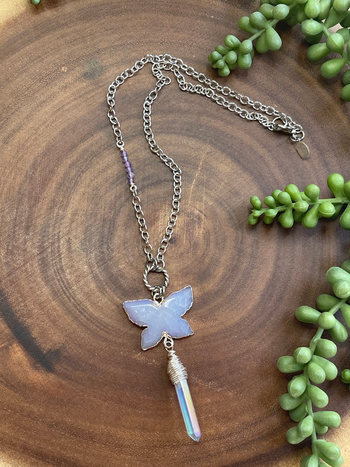 Purple Agate/ Aura Quartz Butterfly Necklace