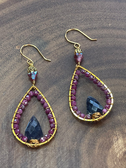 Ruby and Iolite Drop Earrings