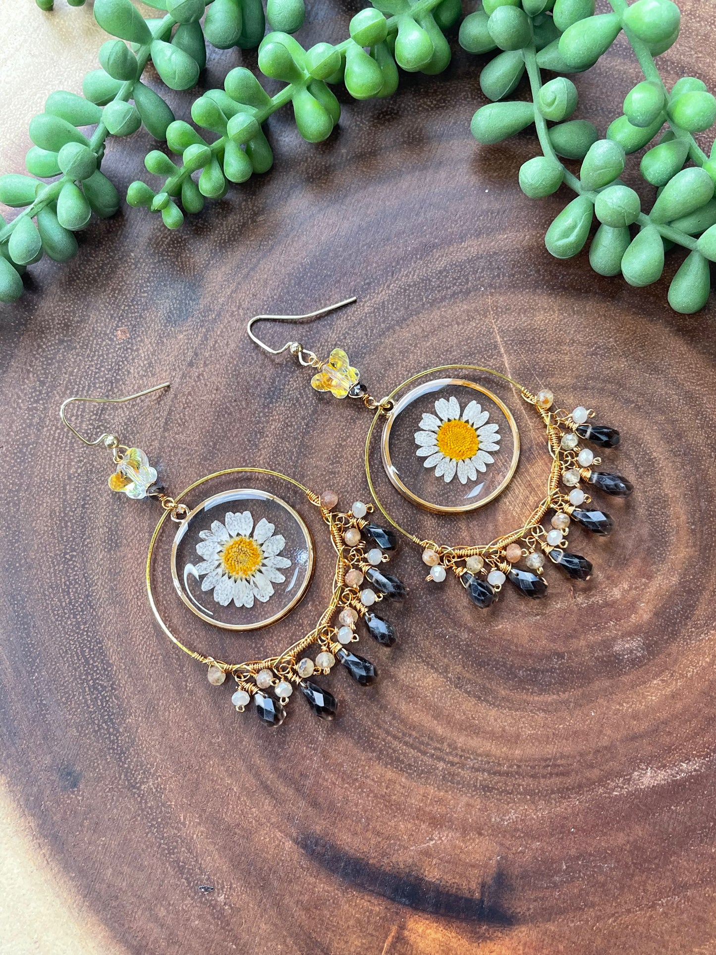 Floral Resin / Smoky Quartz Earrings