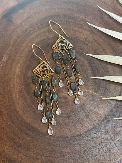 Labradorite/Rainbow Moonstone Fringe Earrings