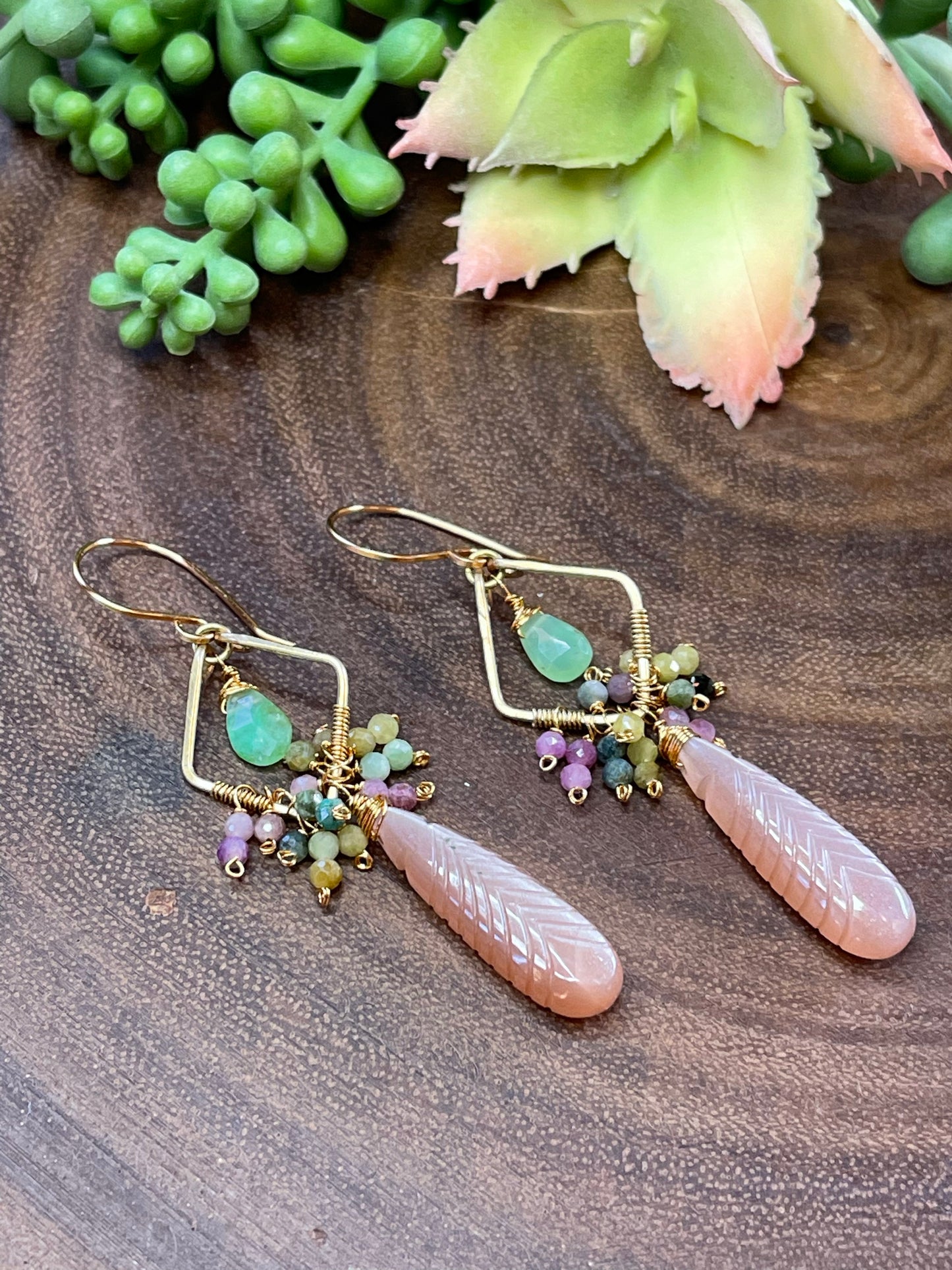 Peach Moonstone / Tourmaline Earrings