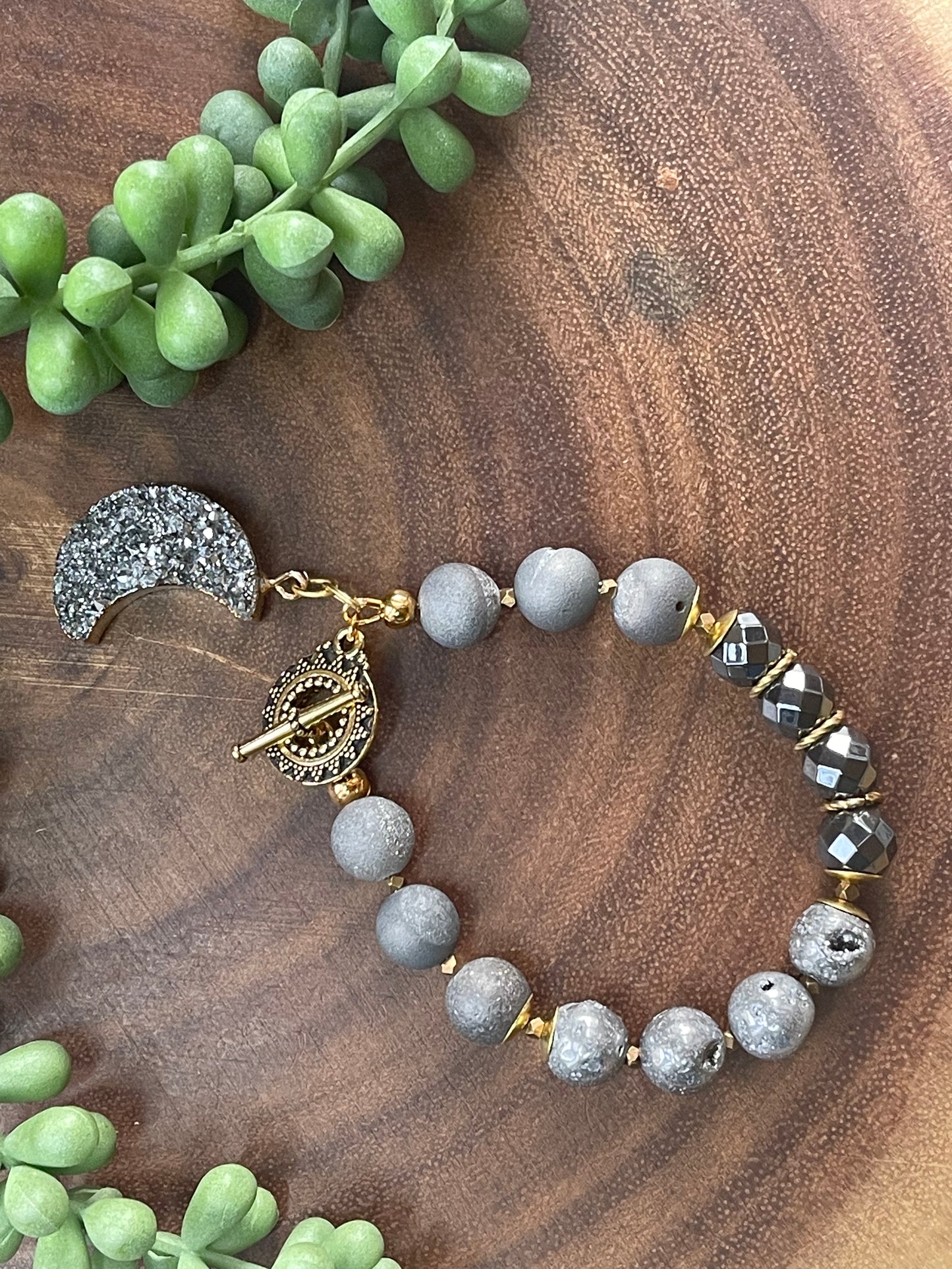 Gray Druzy Crescent Beaded Bracelet