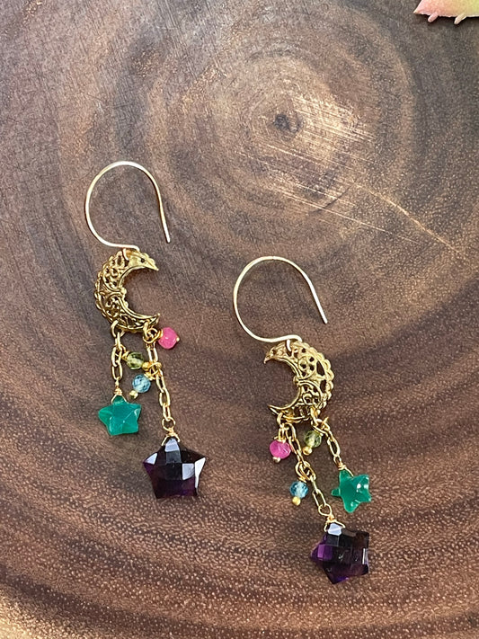 Crescent/ Amethyst Quartz Star Earrings