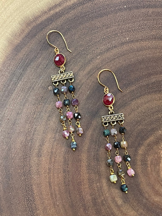 Mystic Tourmaline / Ruby Beaded Earrings